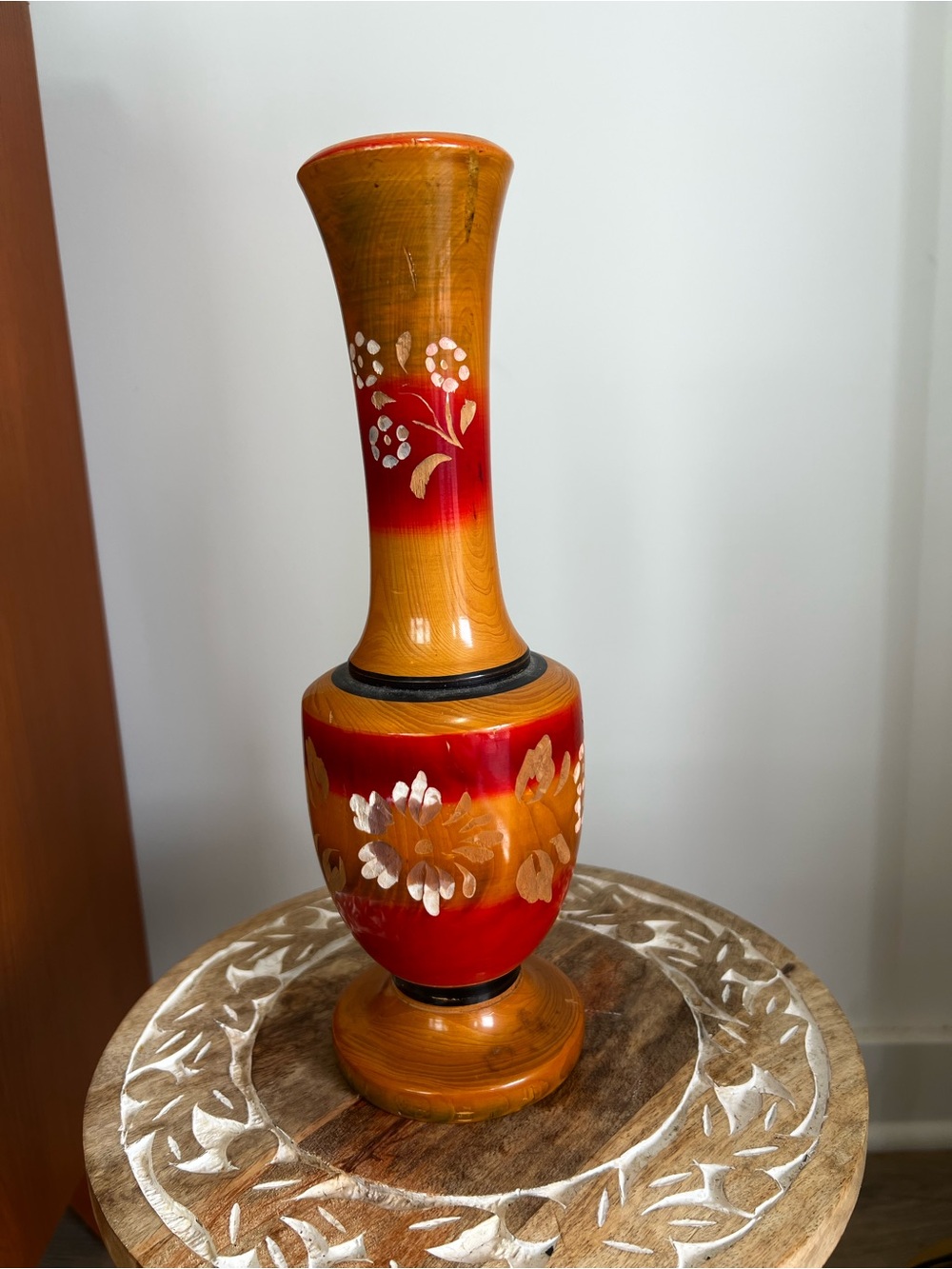 Mexican Handcrafted Red and Amber Floral Decorative Vase - Unbranded Wood